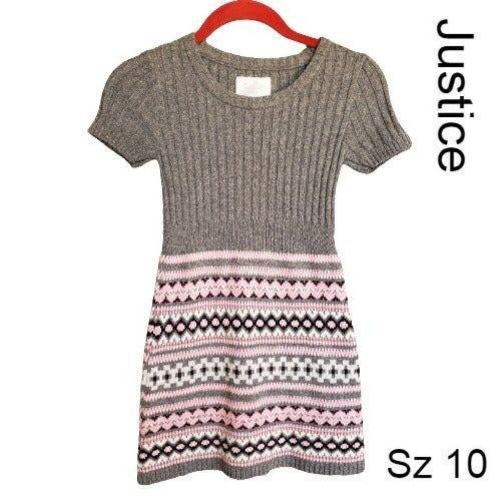 Justice Girls Knit Dress 10 Pink Gray Fair Isle Short Sleeve Sweater Dress Y2K